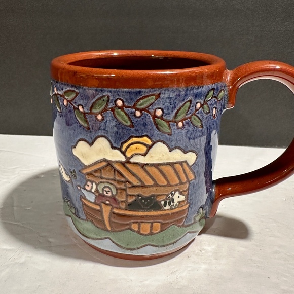 Vtg Earthen Vessel Redware Noahs Ark Textured/Painted Coffee Mug Signed/Dated - Picture 1 of 9